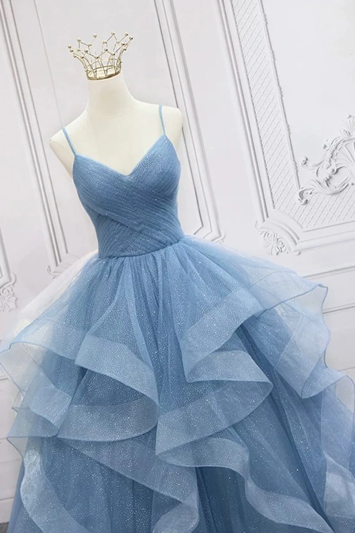 Blue Tulle A-line Long Prom Dress, Blue Straps Formal Dress Party Dress