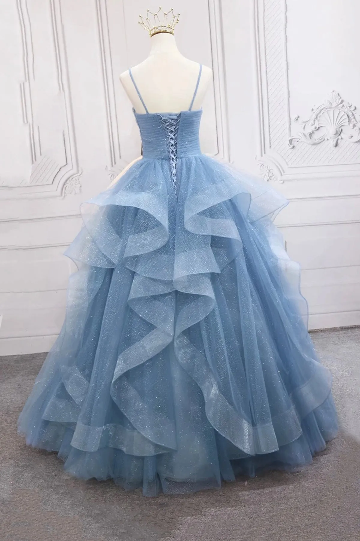 Blue Tulle A-line Long Prom Dress, Blue Straps Formal Dress Party Dress