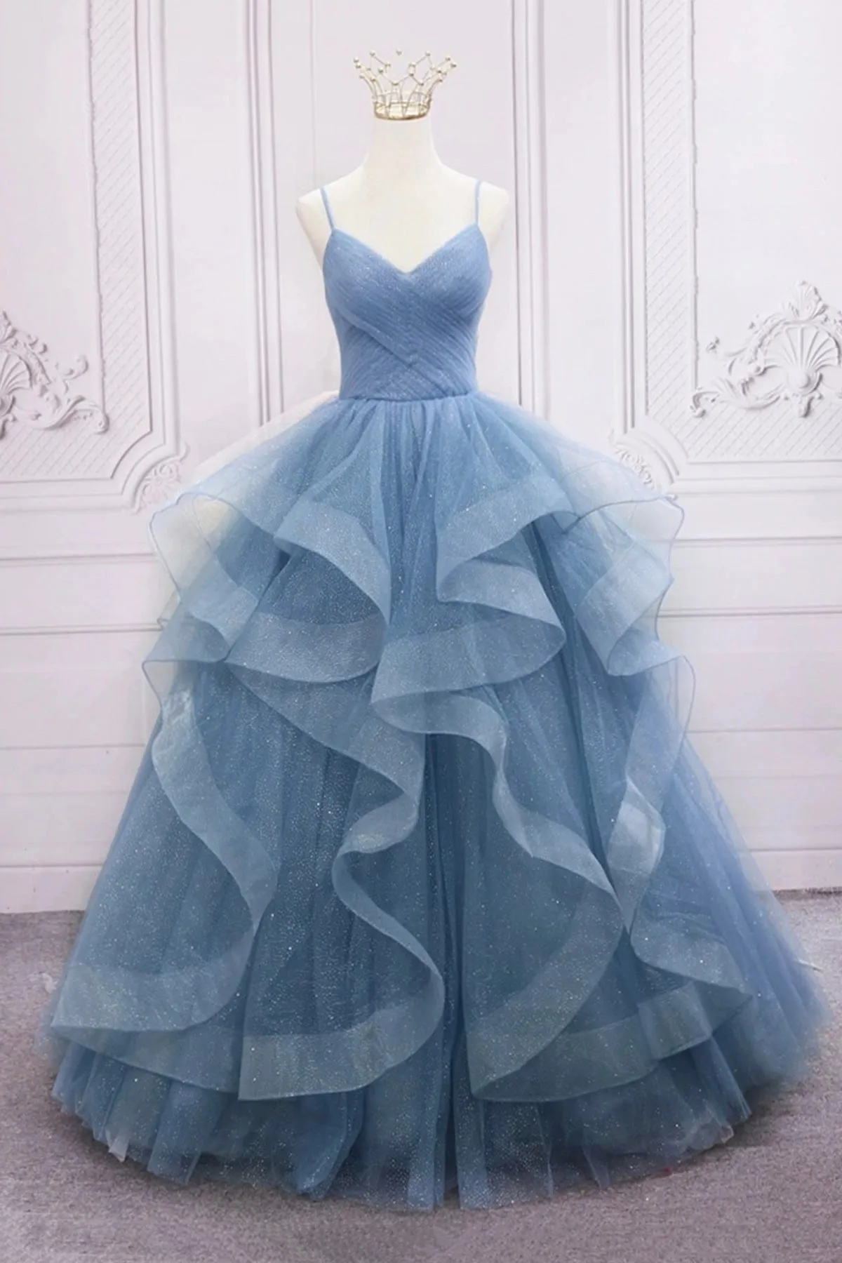 Blue Tulle A-line Long Prom Dress, Blue Straps Formal Dress Party Dress