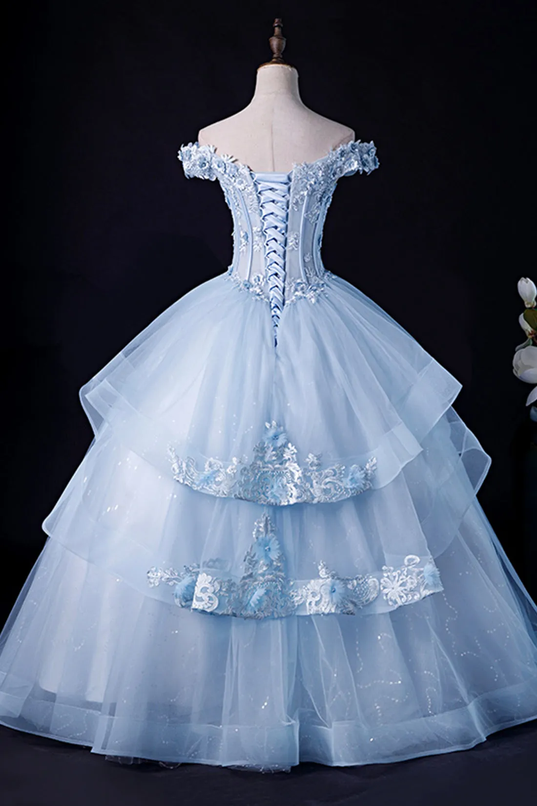 Blue Tulle Lace Long Prom Dress, Off Shoulder Evening Gown