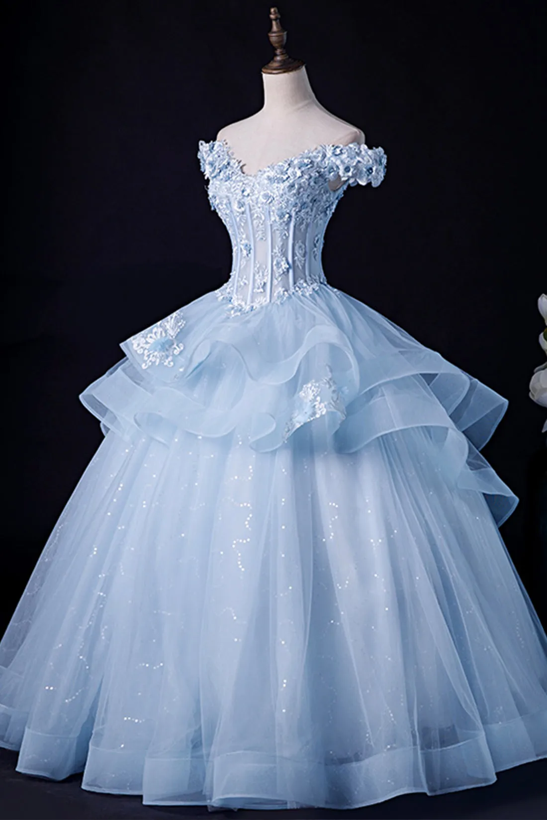 Blue Tulle Lace Long Prom Dress, Off Shoulder Evening Gown