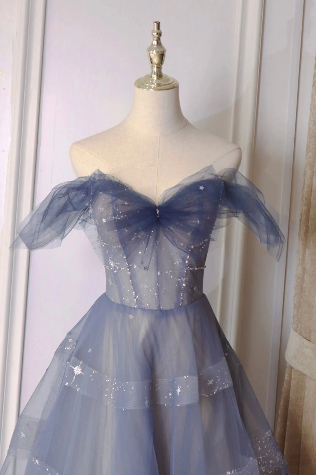 Blue Tulle Long A-Line Prom Dress