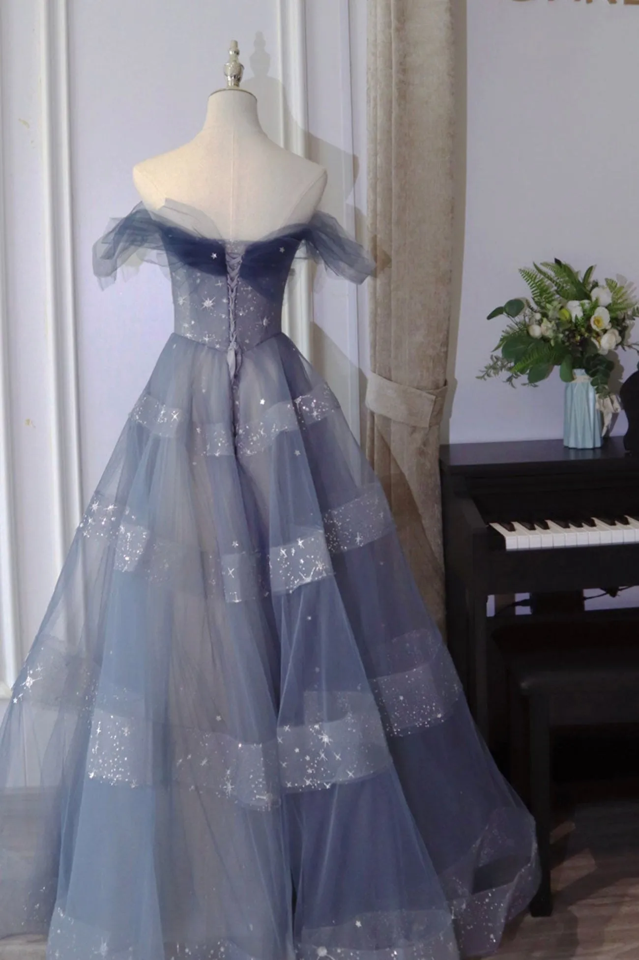 Blue Tulle Long A-Line Prom Dress