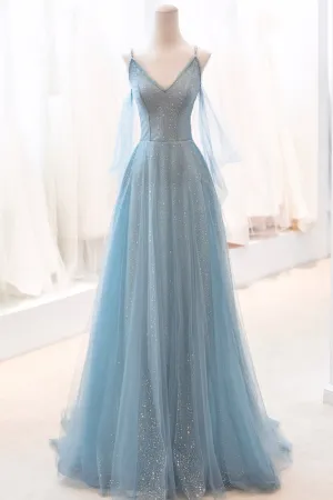 Blue V-Neck Tulle Long Prom Dress, A-Line Spaghetti Strap Evening Dress