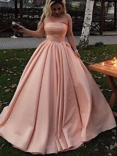 Blush Pink Straight Across Neck A-line Satin Plain Long Prom Dress | Graduation Dance Dress