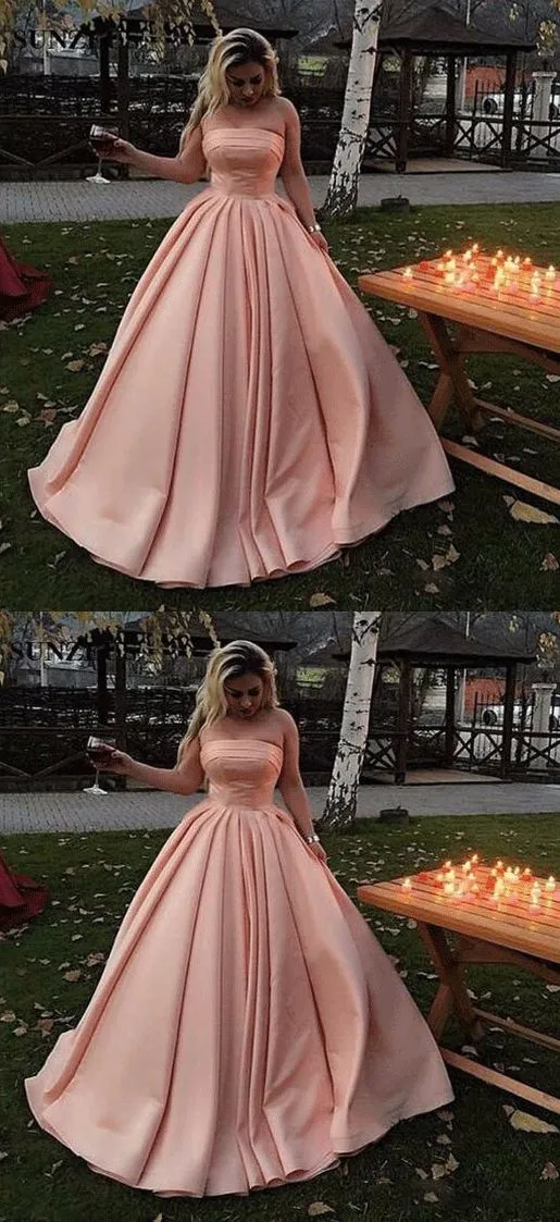 Blush Pink Straight Across Neck A-line Satin Plain Long Prom Dress | Graduation Dance Dress