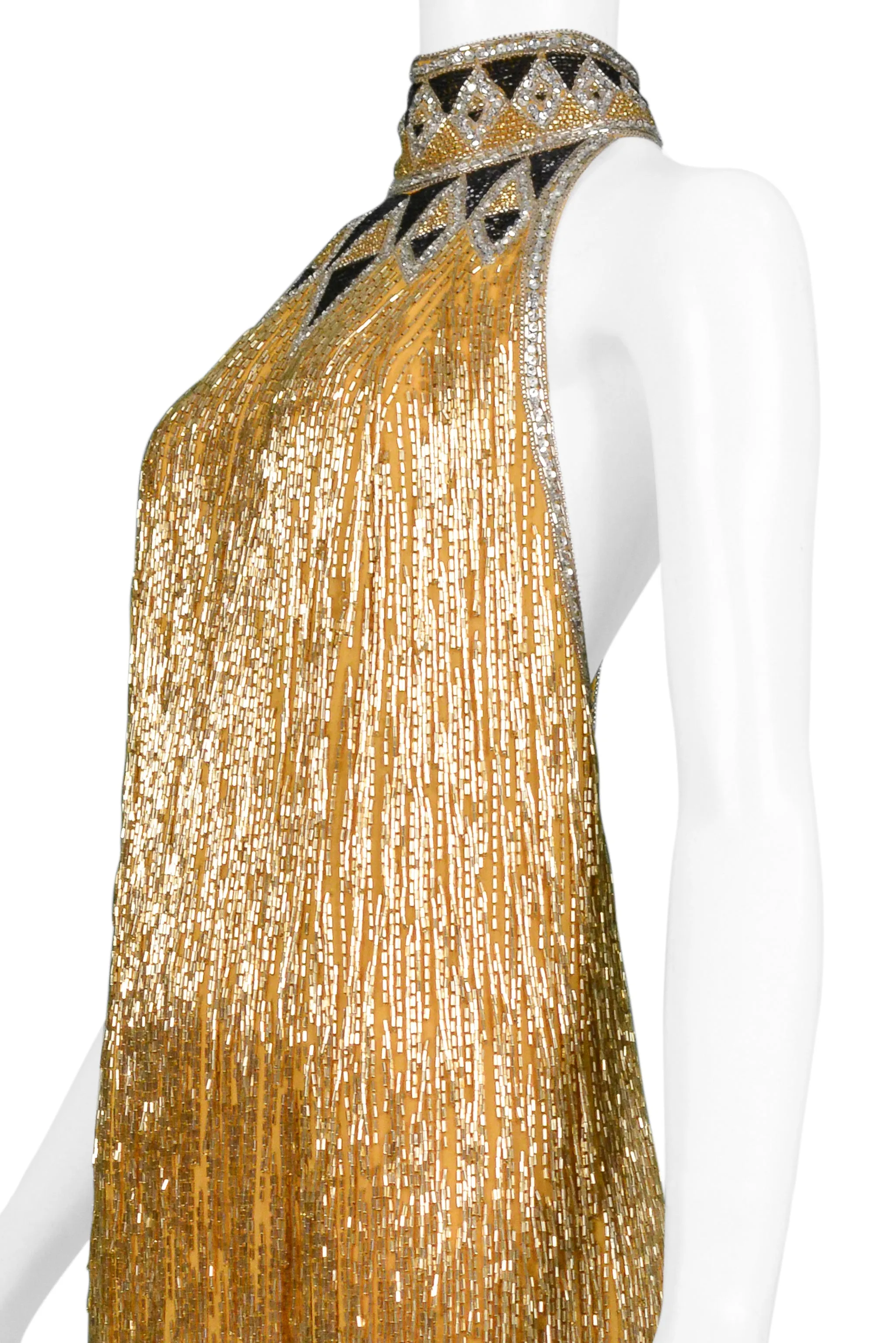 BOB MACKIE GOLD & BLACK DECO INSPIRED BEADED DRESS 1980S