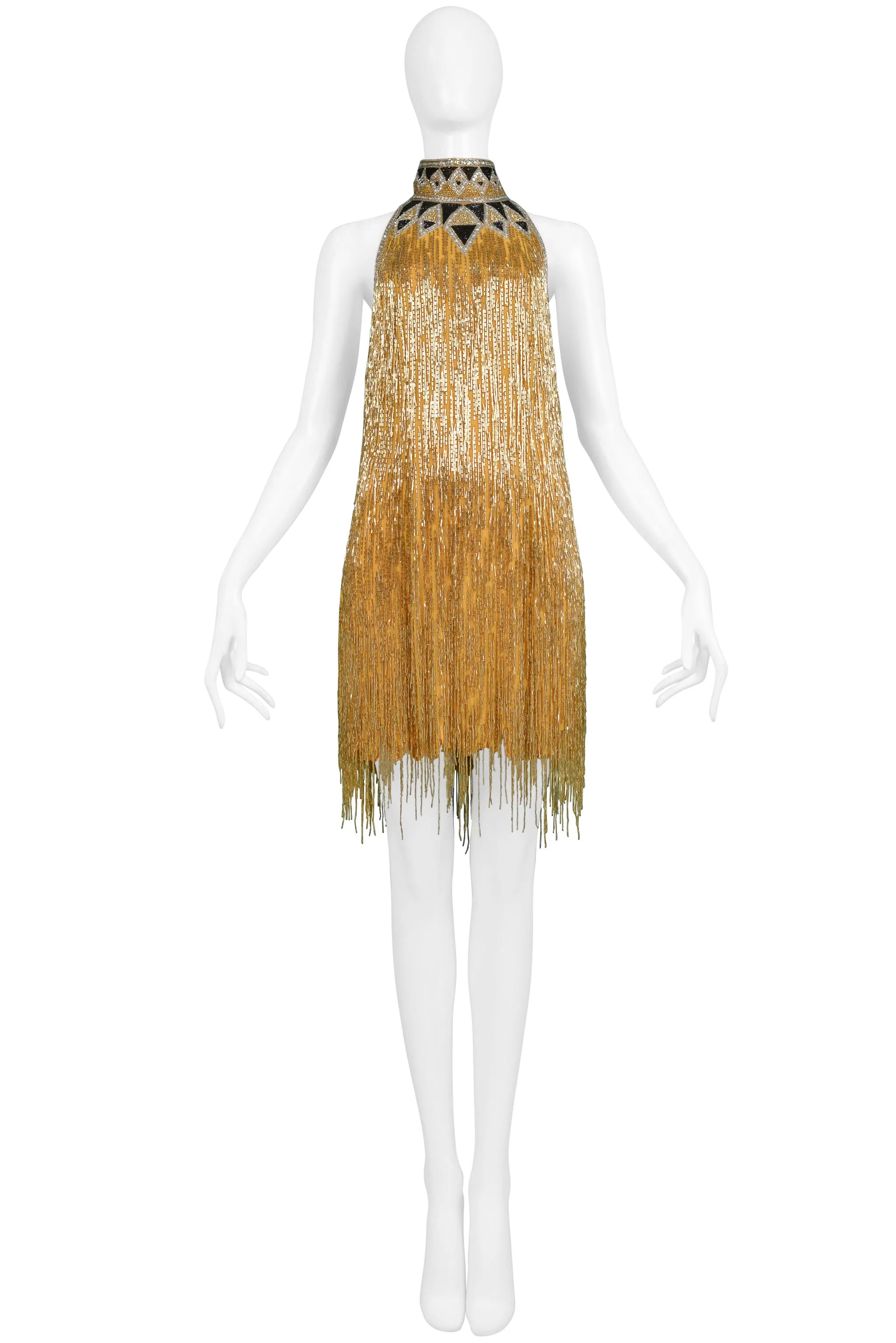 BOB MACKIE GOLD & BLACK DECO INSPIRED BEADED DRESS 1980S