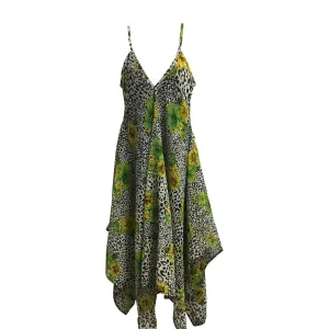 Bohemian V-Neck Silky Feel Floral Geometric Print Long Sundress Shark bite Hem Dress Spaghetti Strap Dress  #5 Animal Print Floral