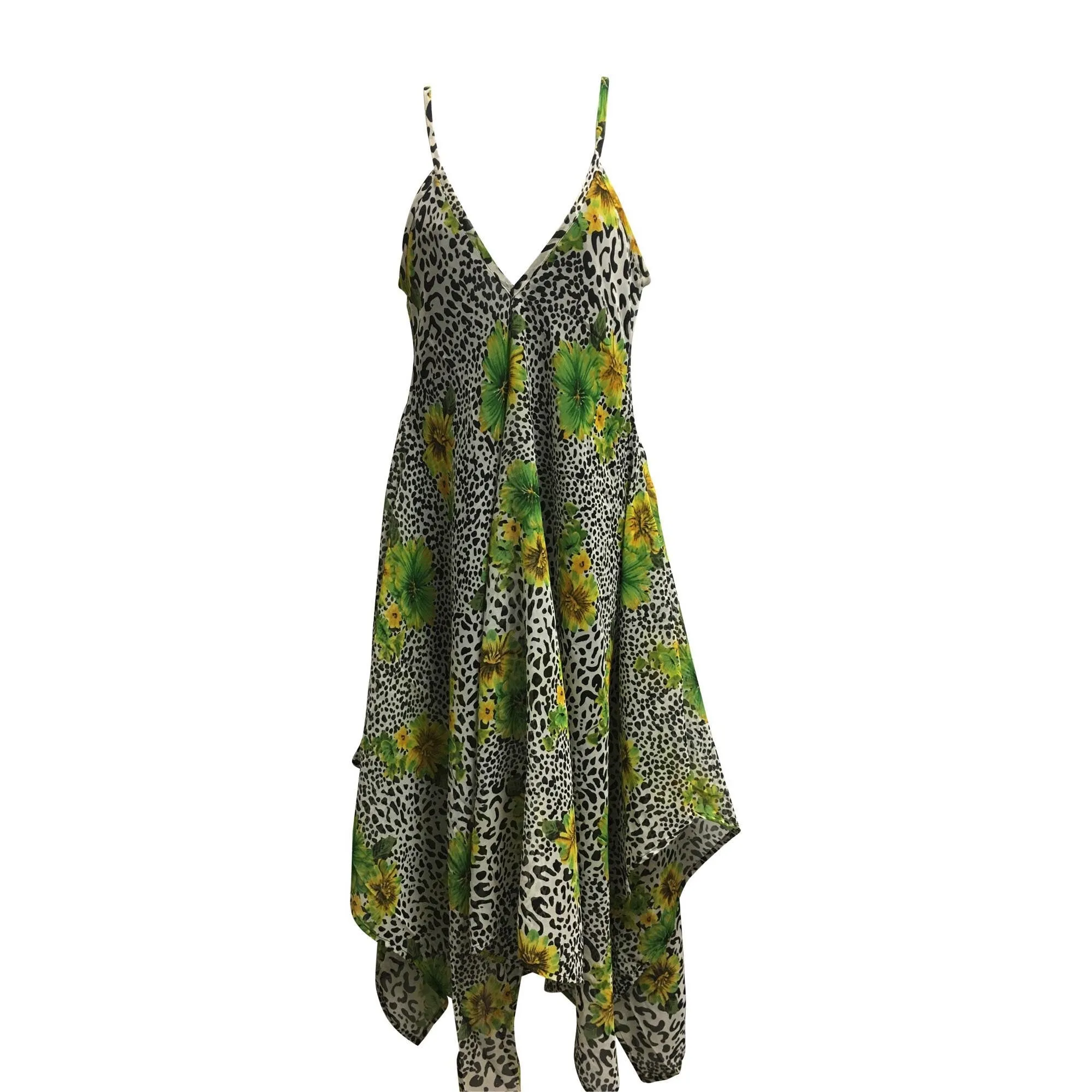 Bohemian V-Neck Silky Feel Floral Geometric Print Long Sundress Shark bite Hem Dress Spaghetti Strap Dress  #5 Animal Print Floral