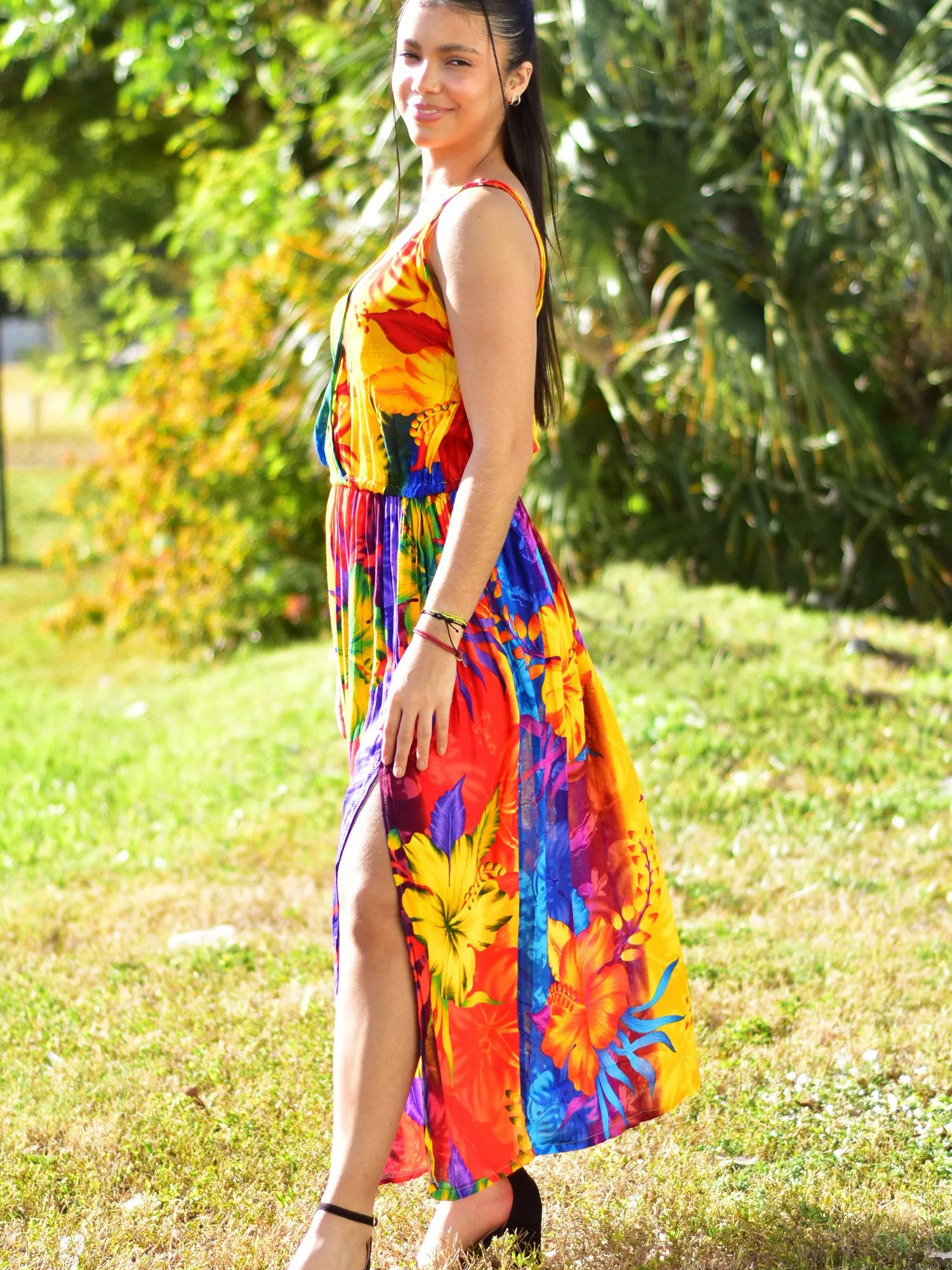 Boho Bright Floral Wrapped V-neck Sleeveless Cami Tank Long Dress Muna