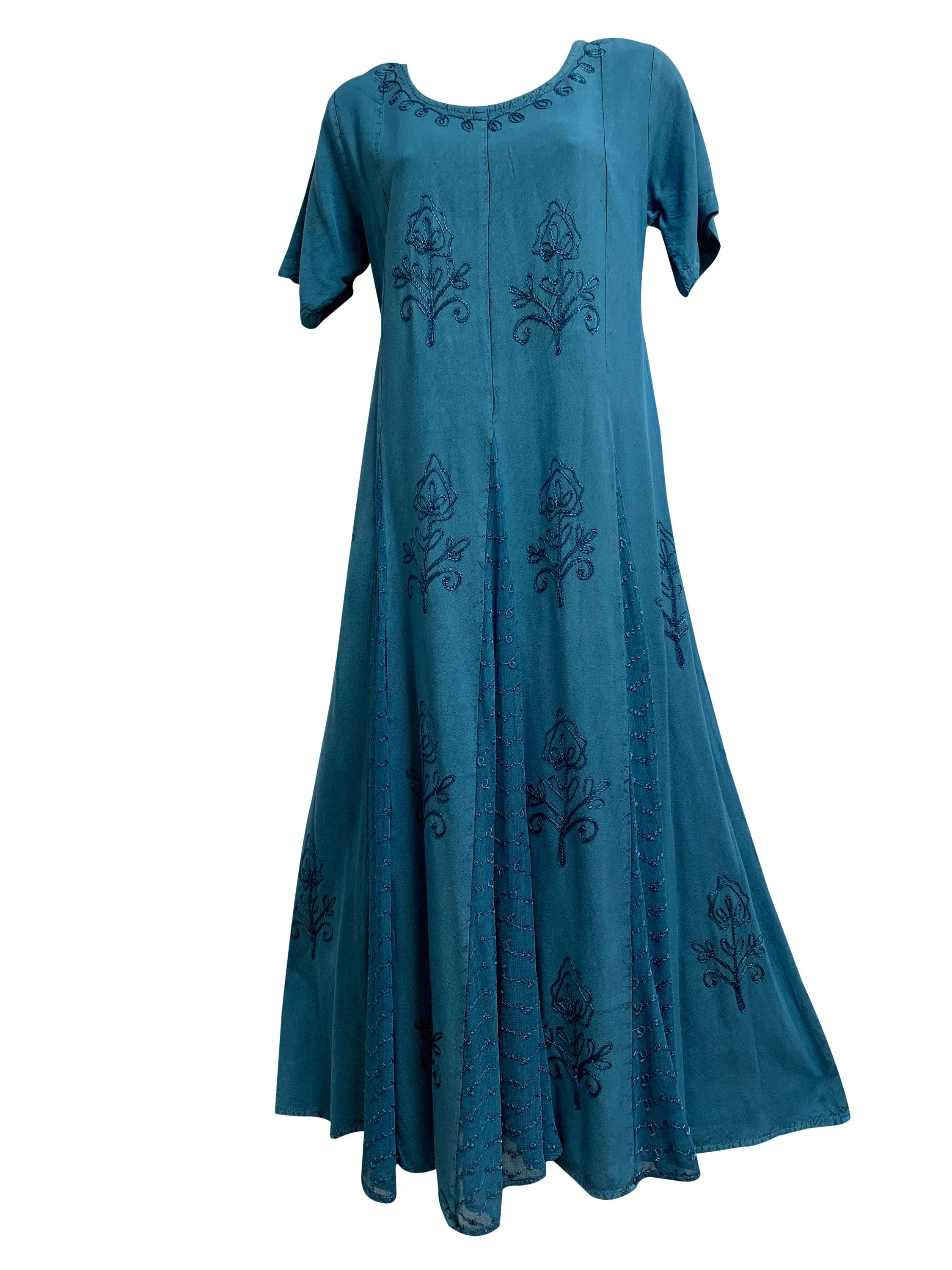 Boho Sixties Embroidered Short Sleeve Stonewashed Renaissance Long Maxi Dress