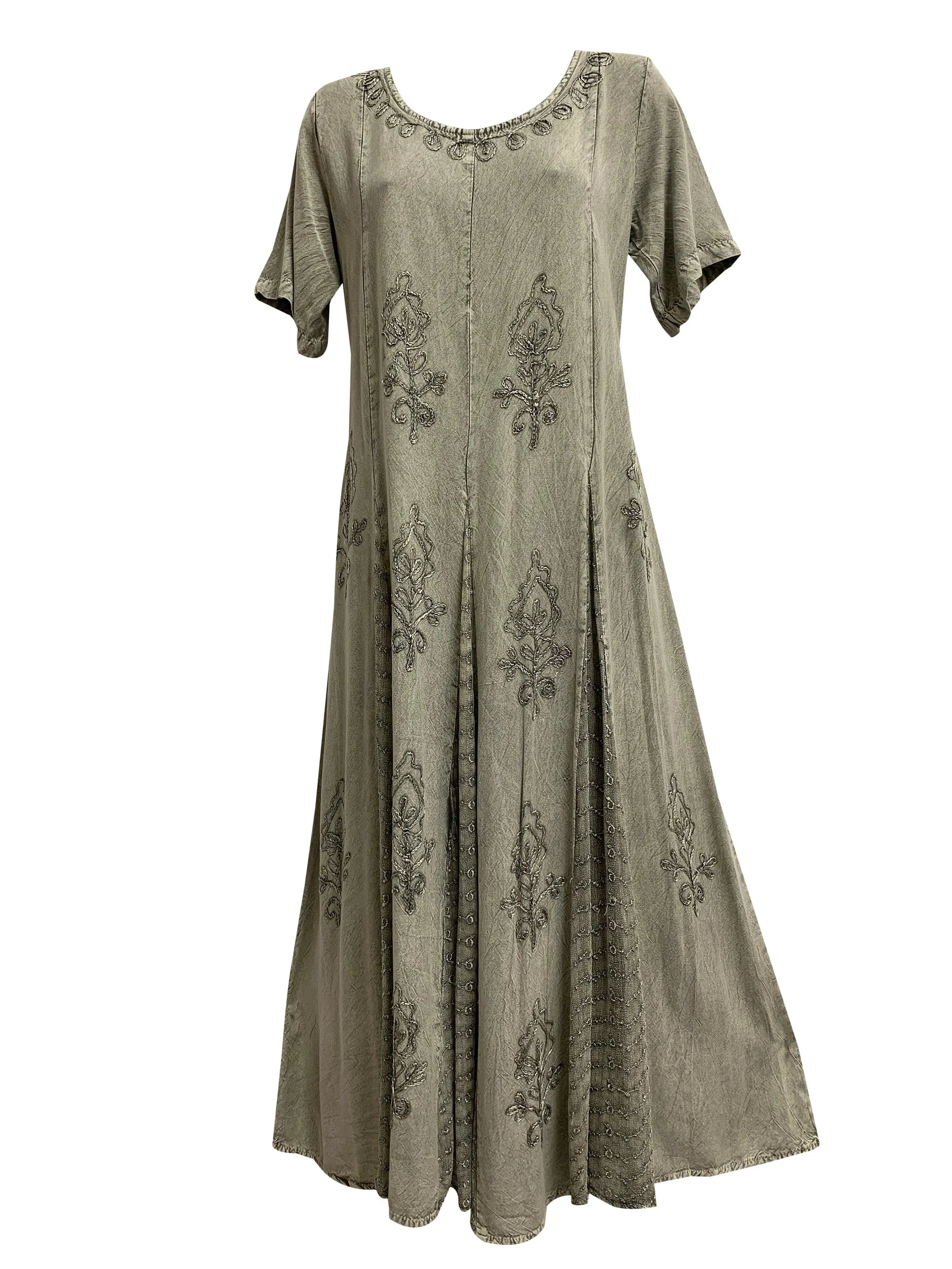 Boho Sixties Embroidered Short Sleeve Stonewashed Renaissance Long Maxi Dress