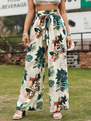 Boho Tropical Paper Bag Waist High Waist Long Women Pants