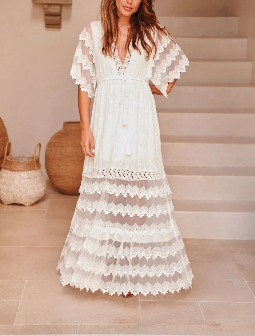 Boho V Neck Layered Lace Dress