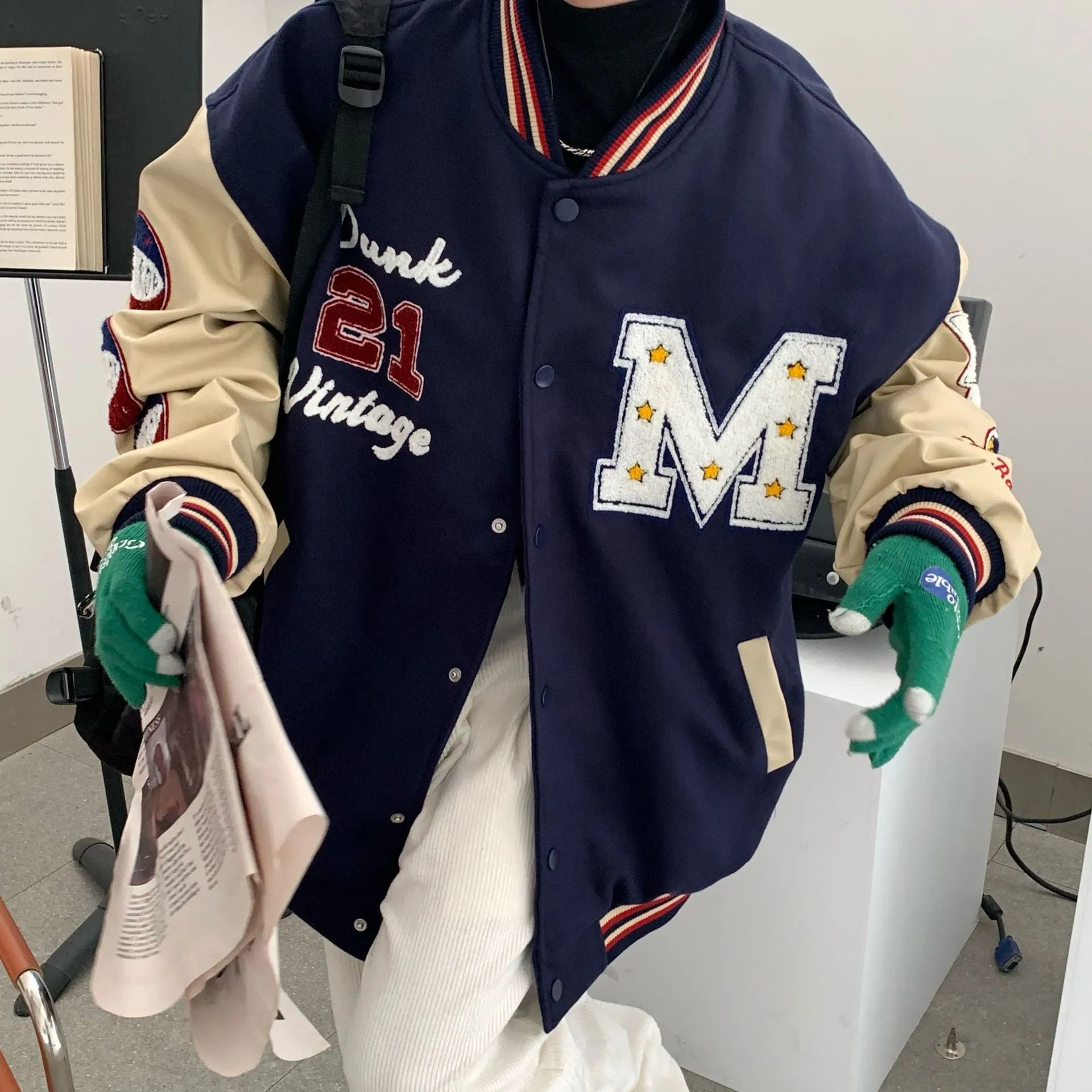 Bone Varsity Jacket Vintage Embroidered Baseball Uniform Coat Spring and Autumn Loose Jacket