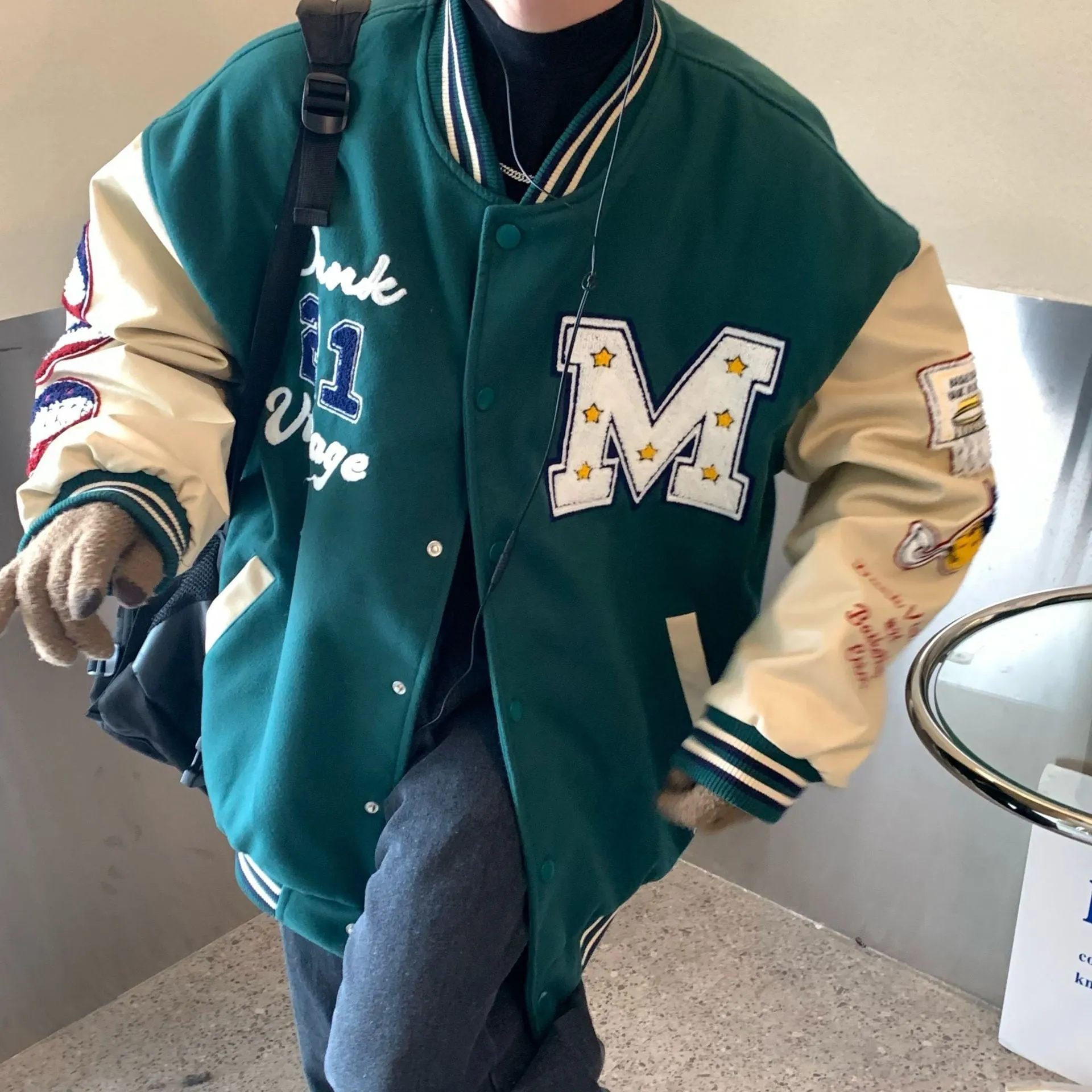 Bone Varsity Jacket Vintage Embroidered Baseball Uniform Coat Spring and Autumn Loose Jacket