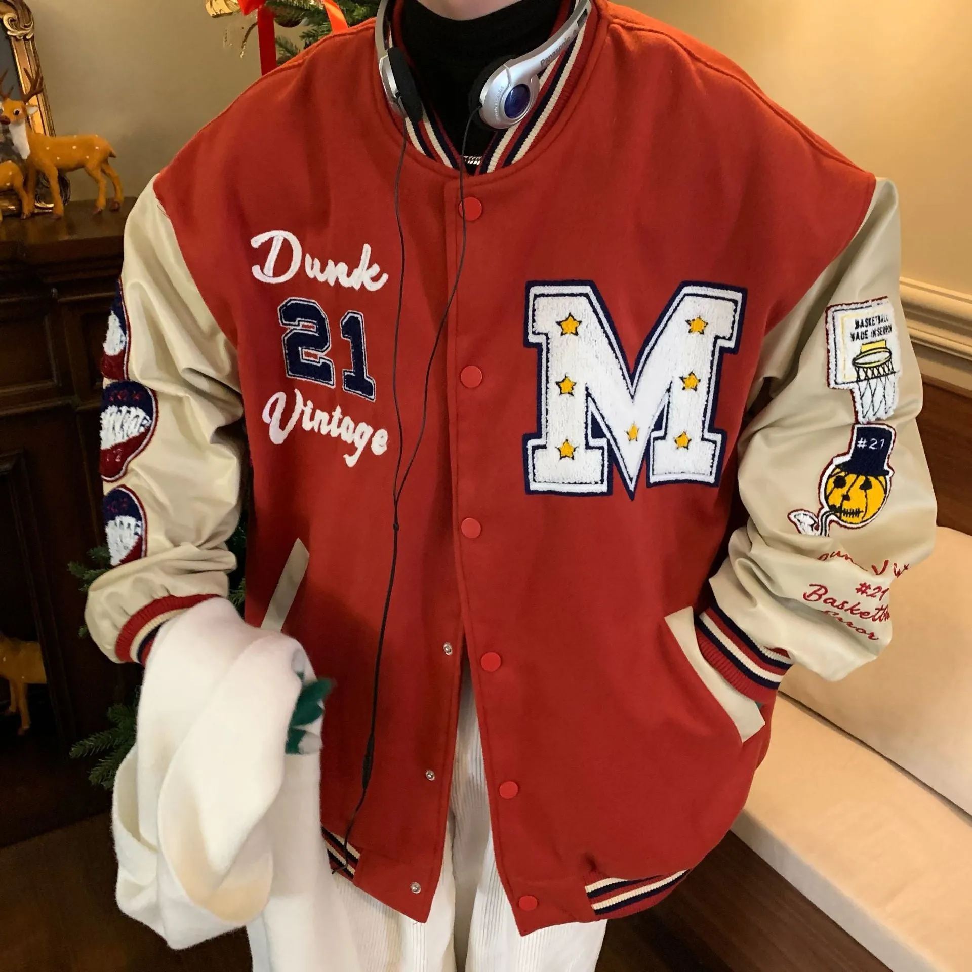 Bone Varsity Jacket Vintage Embroidered Baseball Uniform Coat Spring and Autumn Loose Jacket