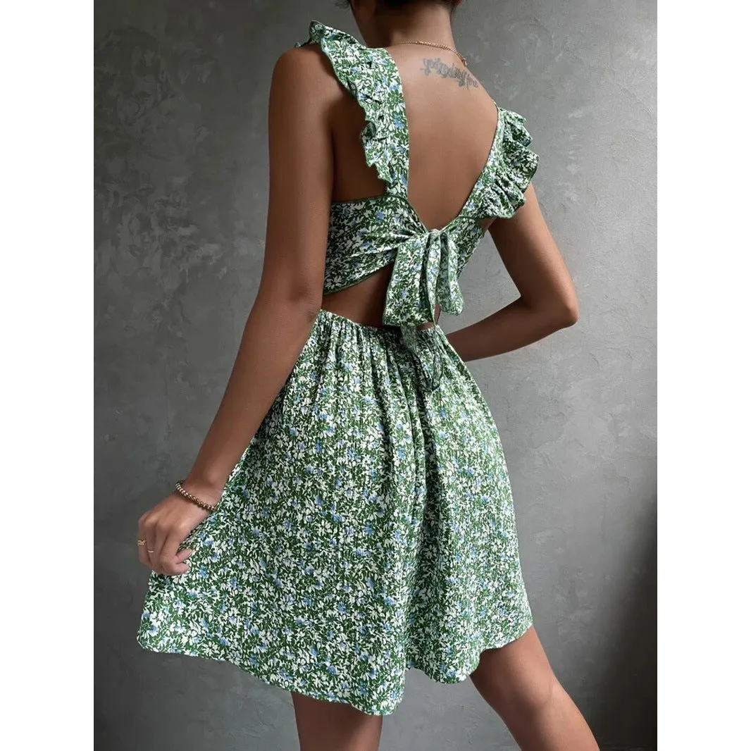 Bow-tie Backless Square-neck Ruffled Sleeveless Dress