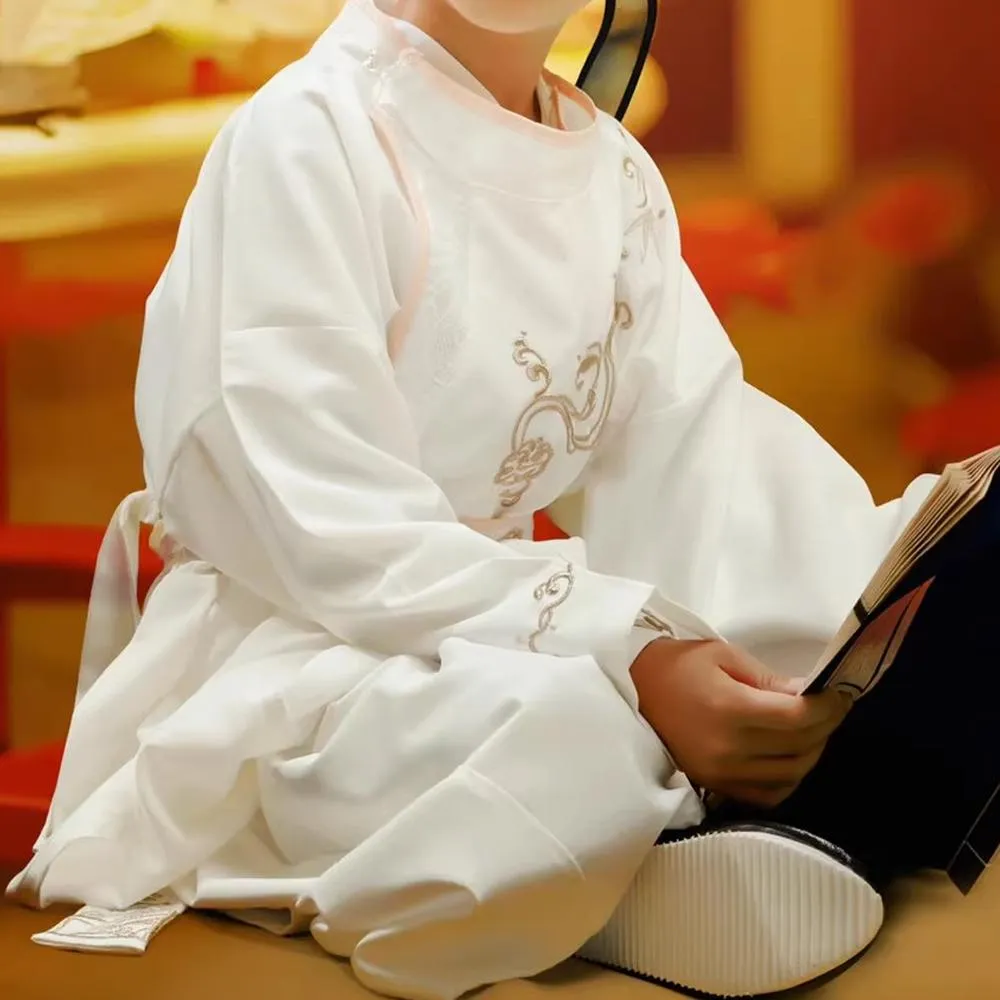 Boys' Hanfu Male Dress - Traditional White Embroidered Costume