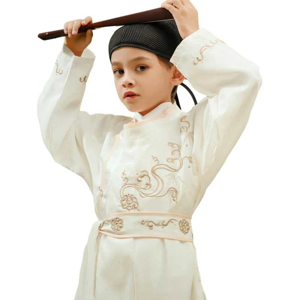 Boys' Hanfu Male Dress - Traditional White Embroidered Costume