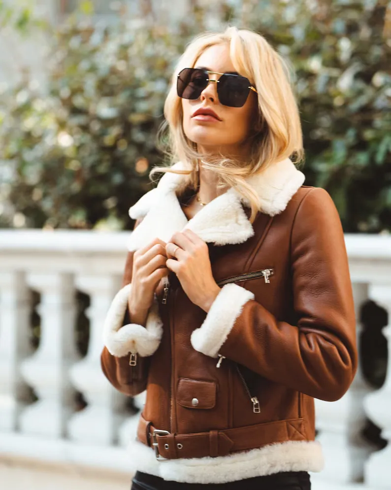 Brown Aviator Shearling Jacket For Women