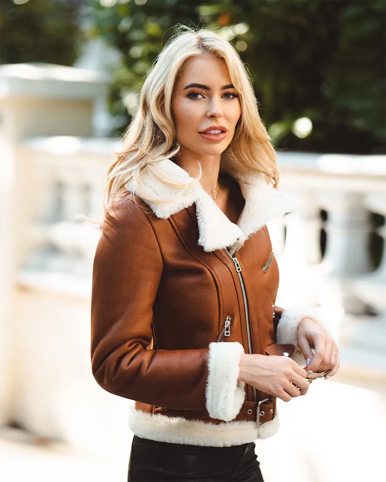 Brown Aviator Shearling Jacket For Women