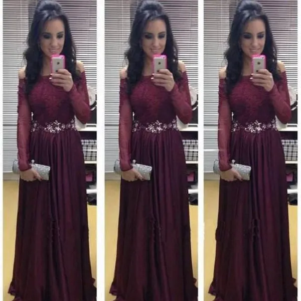 Burgundy Lace Top Off Shoulders Long Sleeve Prom Dress