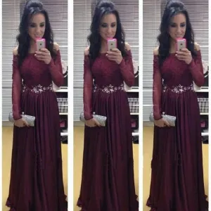 Burgundy Lace Top Off Shoulders Long Sleeve Prom Dress