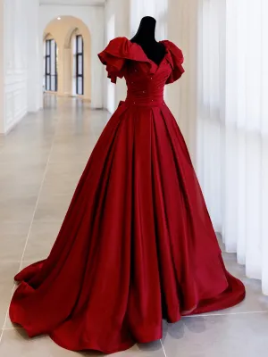 Burgundy Satin Long Prom Dress, A-Line Evening Party Dress