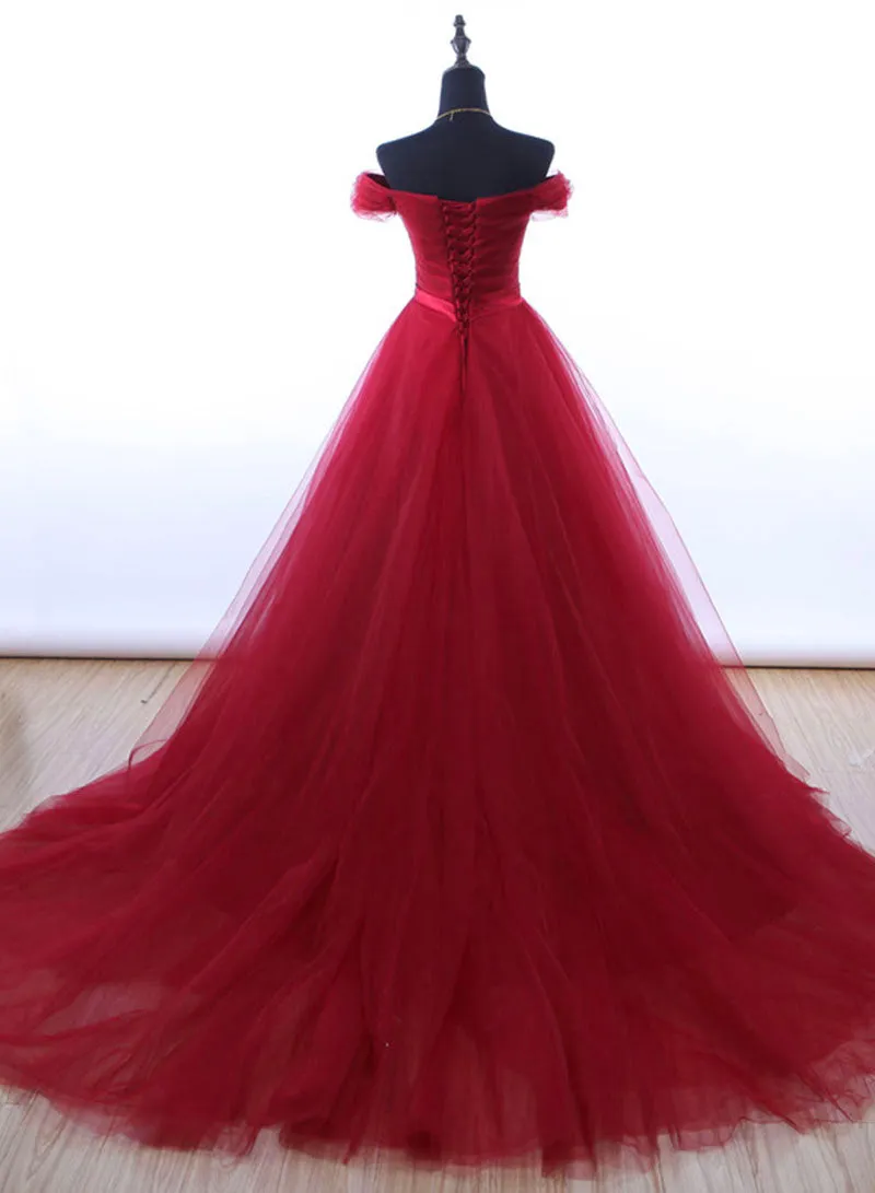 Burgundy Tulle Long Prom Dress, Off the Shoulder Evening Party Dress