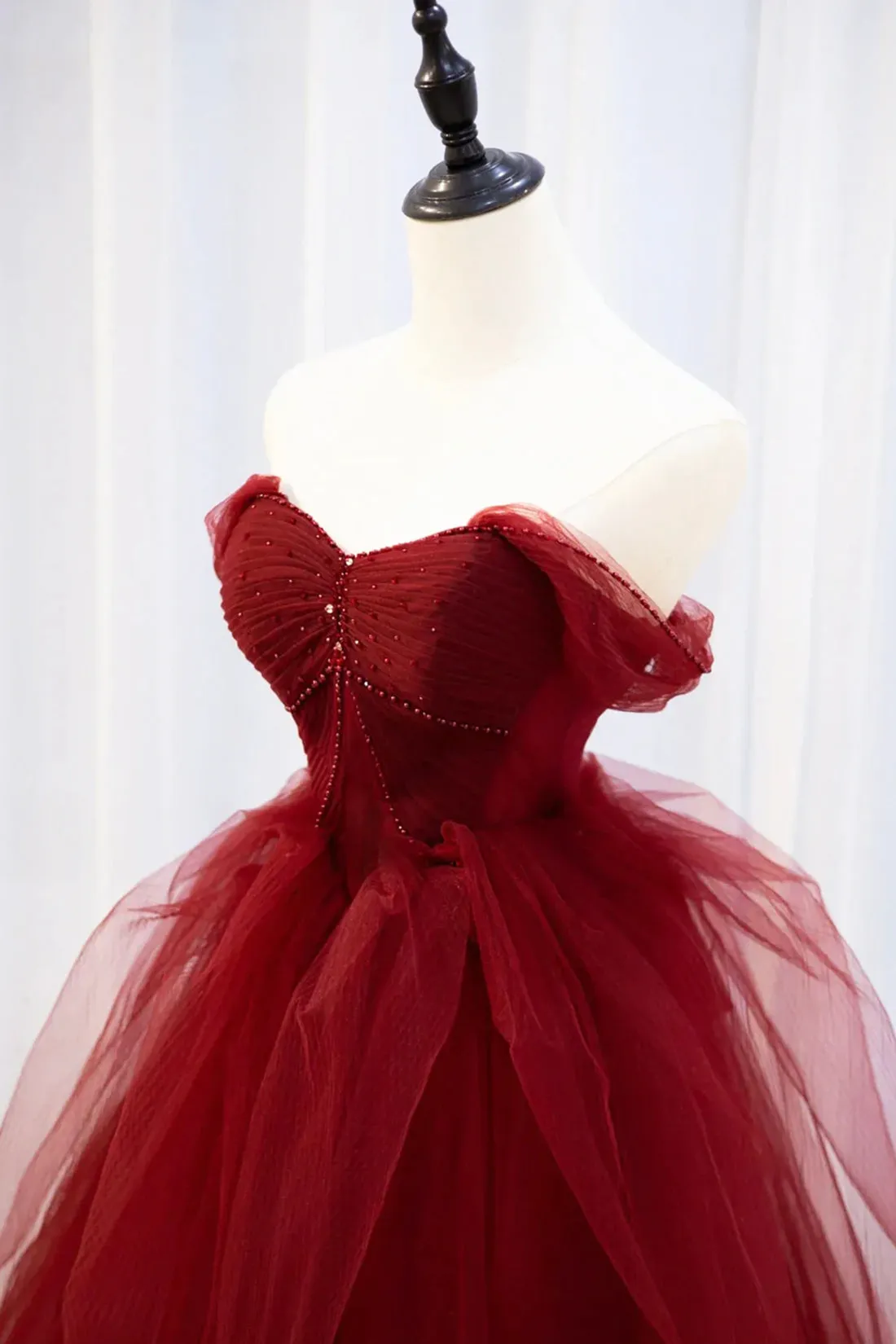 Burgundy Tulle Long Prom Dress with Beaded, Burgundy Off Shoulder Evening Dress