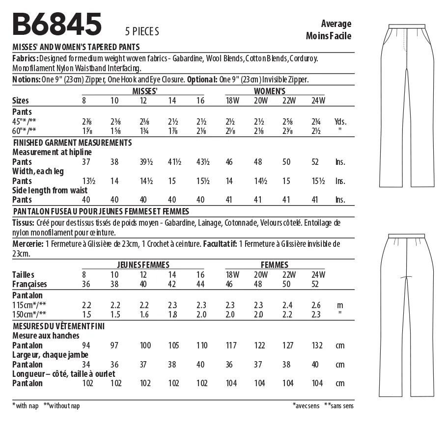 Butterick Pattern B6845 Misses'  &  Women's Tapered Pants