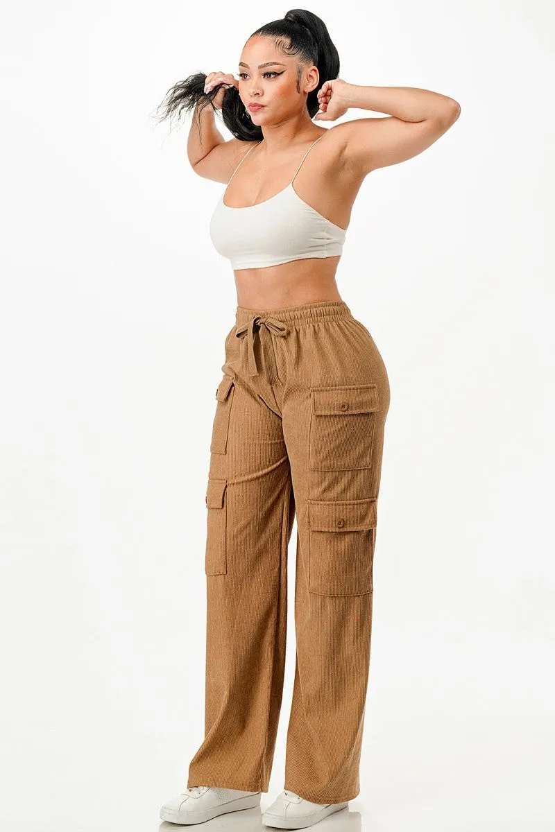 Camel Drawstring Waist Corduroy Cargo Pants