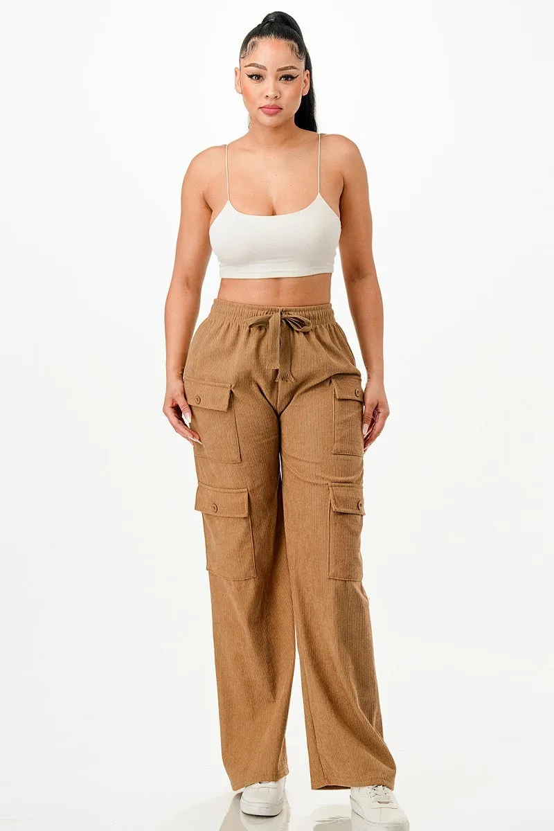 Camel Drawstring Waist Corduroy Cargo Pants