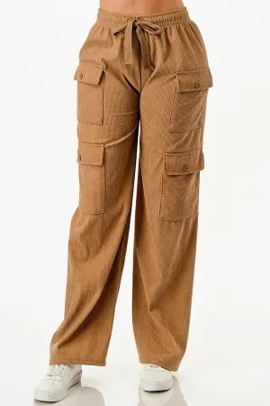 Camel Drawstring Waist Corduroy Cargo Pants