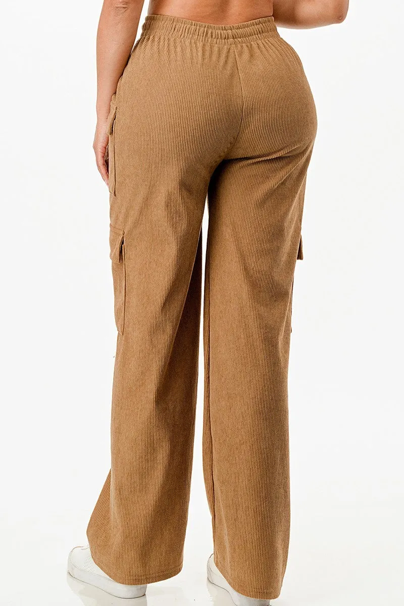 Camel Drawstring Waist Corduroy Cargo Pants