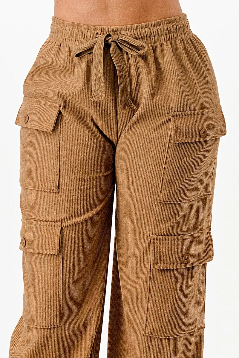 Camel Drawstring Waist Corduroy Cargo Pants