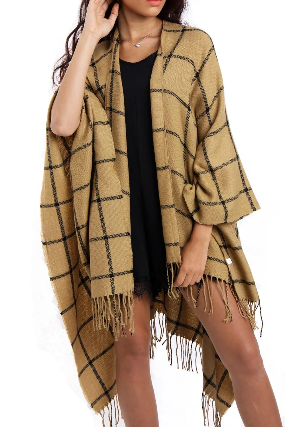 Camel Grid Check Blanket Cape with Tassels