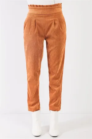 Caramel Corduroy Frill Hem High Waist Ovoid Pleat Peg Legged Crop Pants /3-2-1