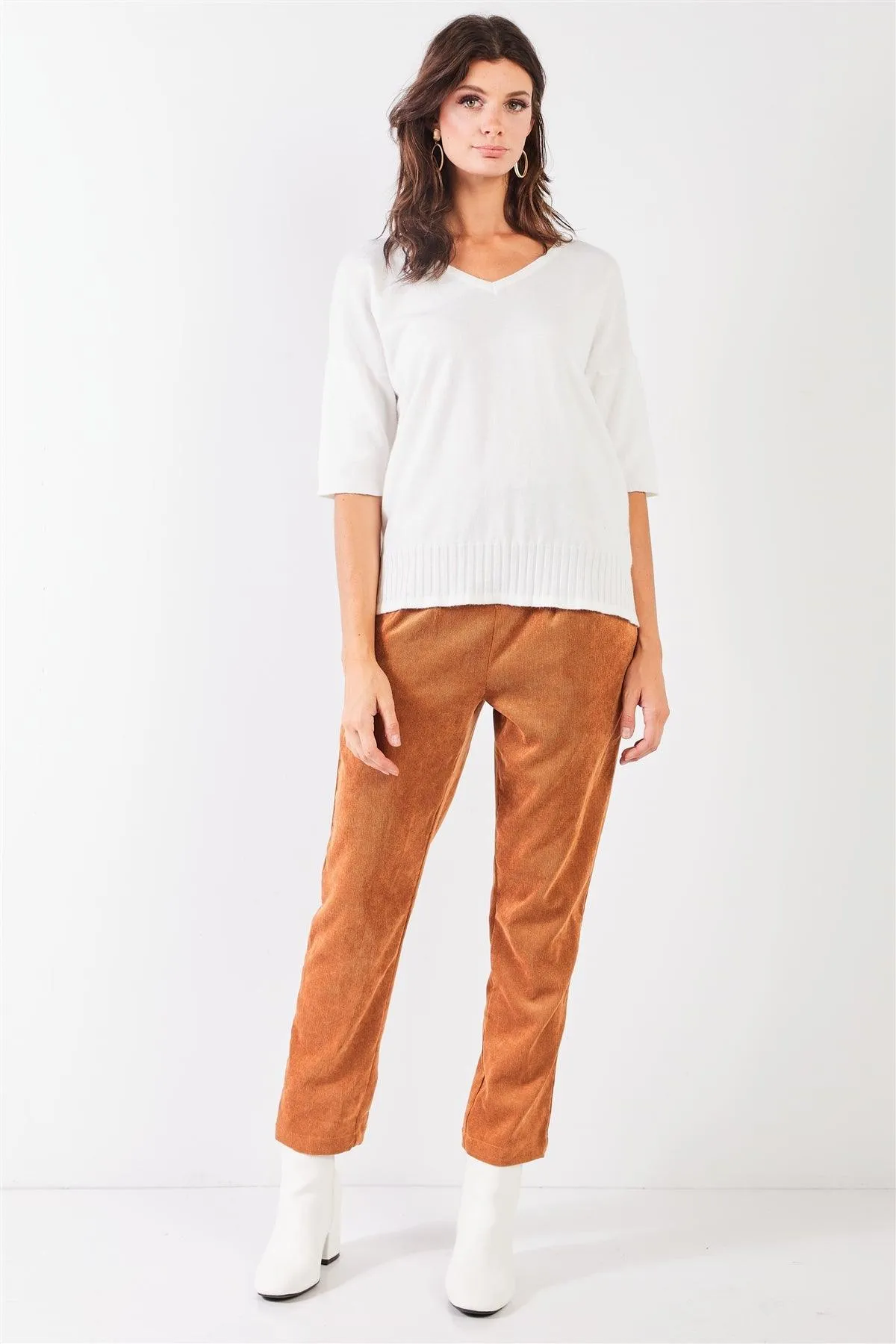 Caramel Corduroy Frill Hem High Waist Ovoid Pleat Peg Legged Crop Pants /3-2-1