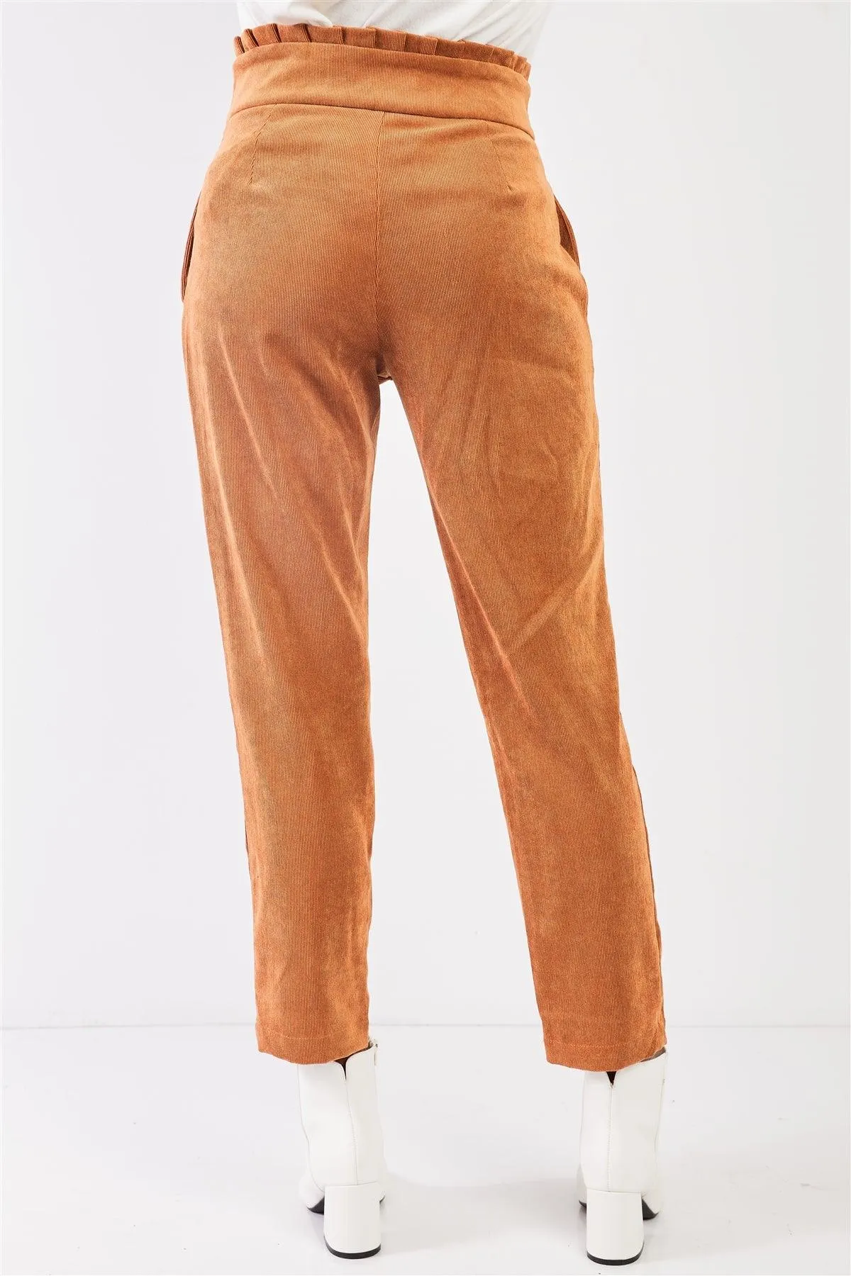 Caramel Corduroy Frill Hem High Waist Ovoid Pleat Peg Legged Crop Pants /3-2-1