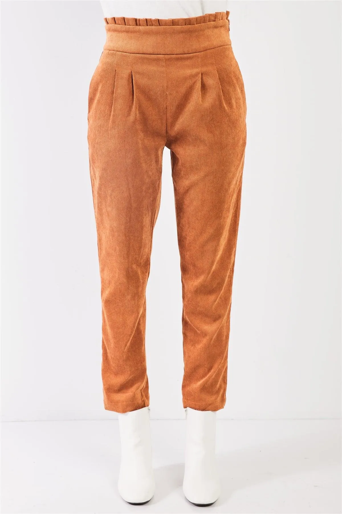 Caramel Corduroy Frill Hem High Waist Ovoid Pleat Peg Legged Crop Pants /3-2-1