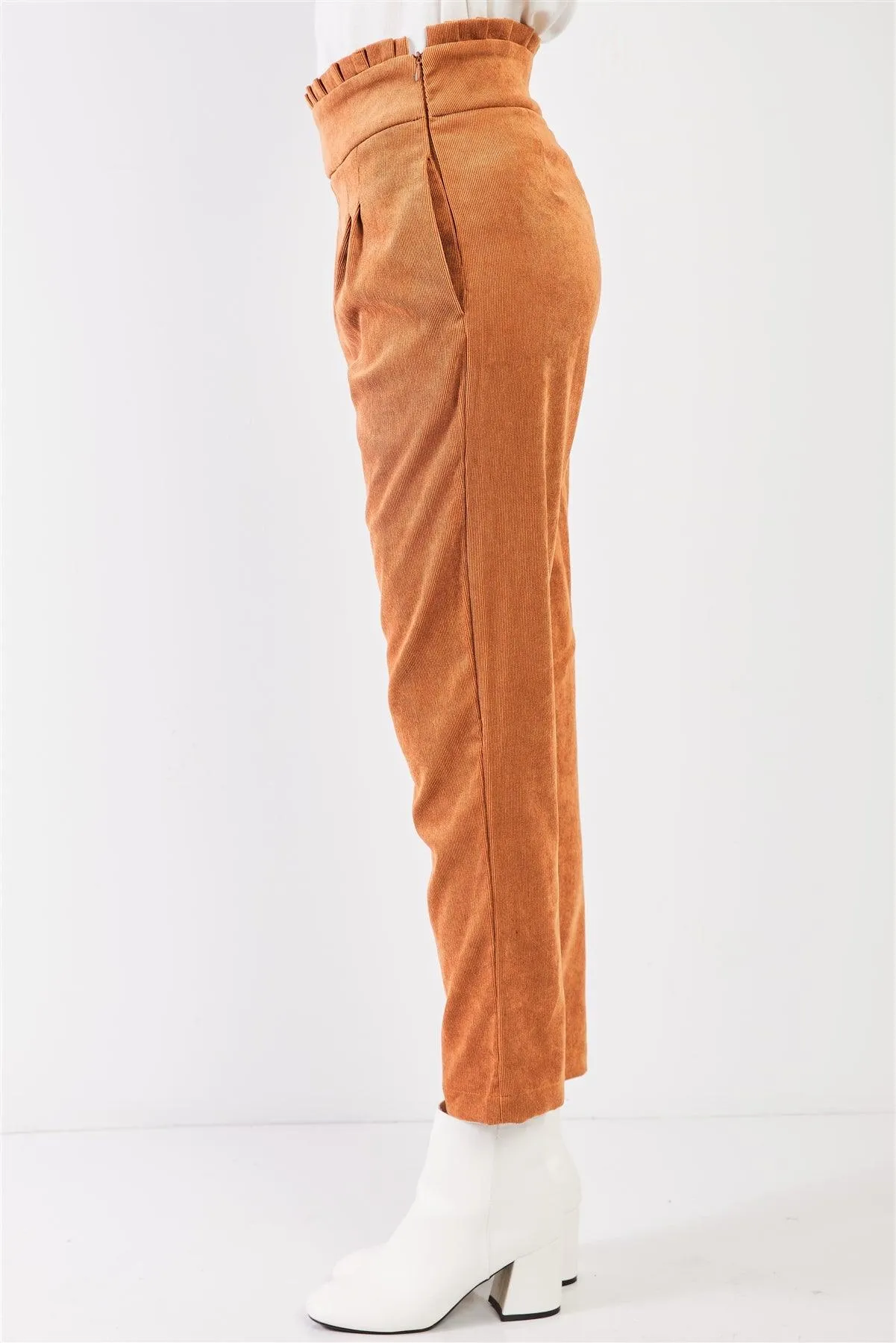 Caramel Corduroy Frill Hem High Waist Ovoid Pleat Peg Legged Crop Pants /3-2-1