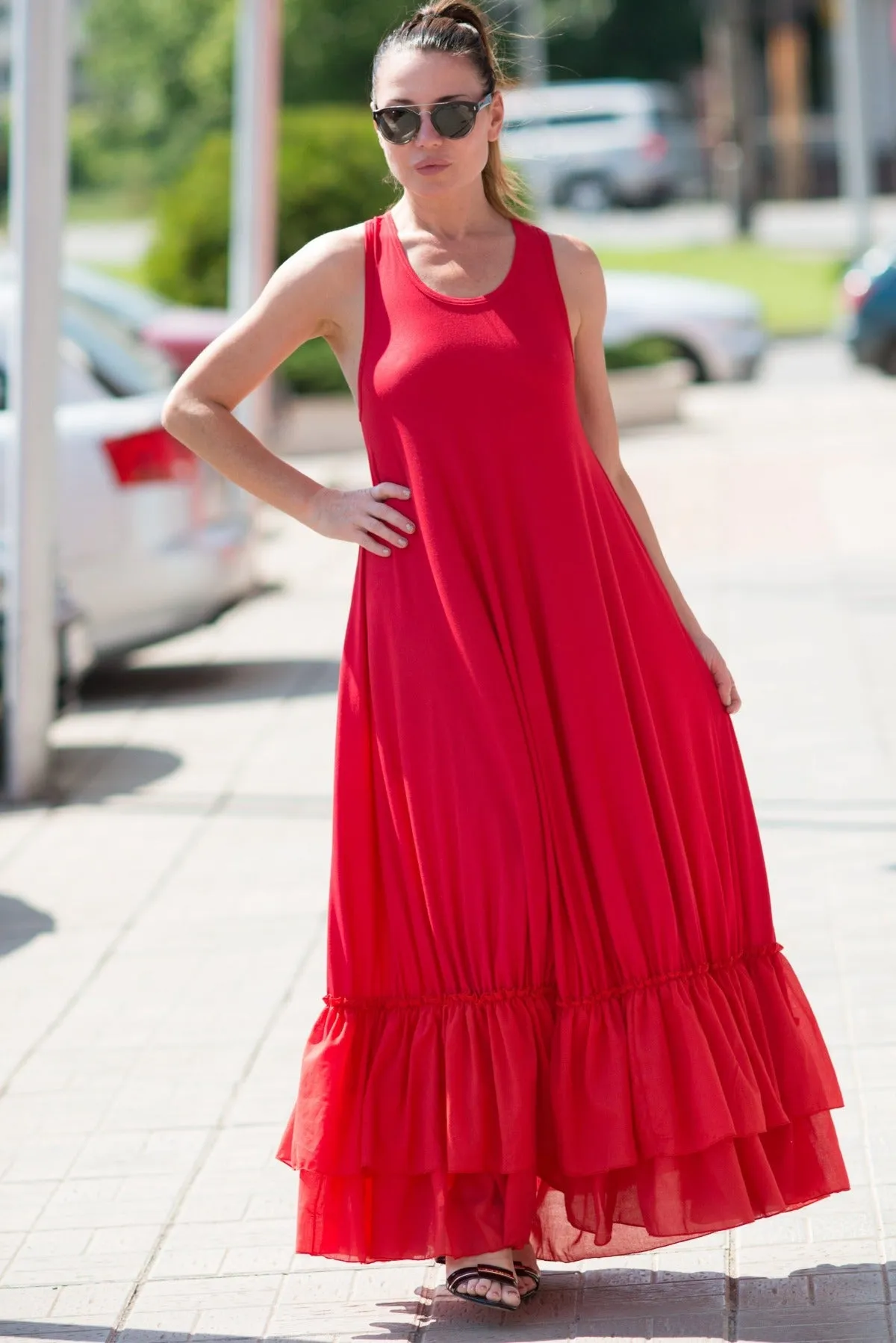 CARMEN Red Cotton Maxi Dress