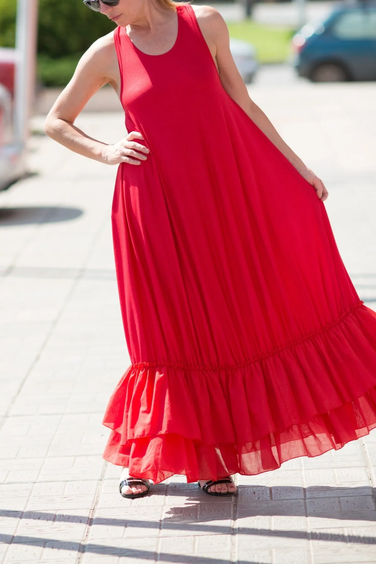 CARMEN Red Cotton Maxi Dress