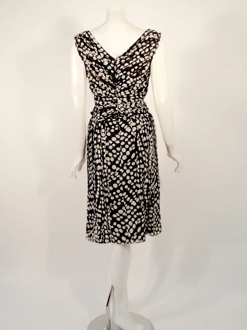 CAROLINA HERRERA Black & White Polka Dot Silk Chiffon Dress Size 8