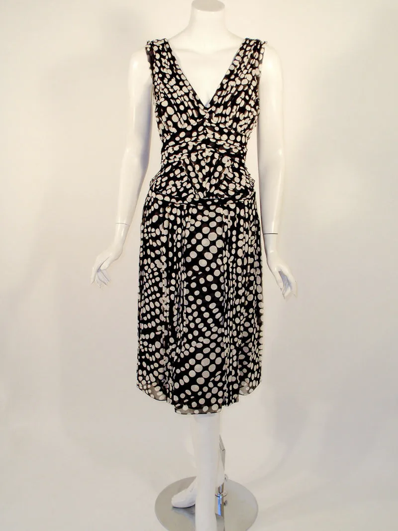 CAROLINA HERRERA Black & White Polka Dot Silk Chiffon Dress Size 8