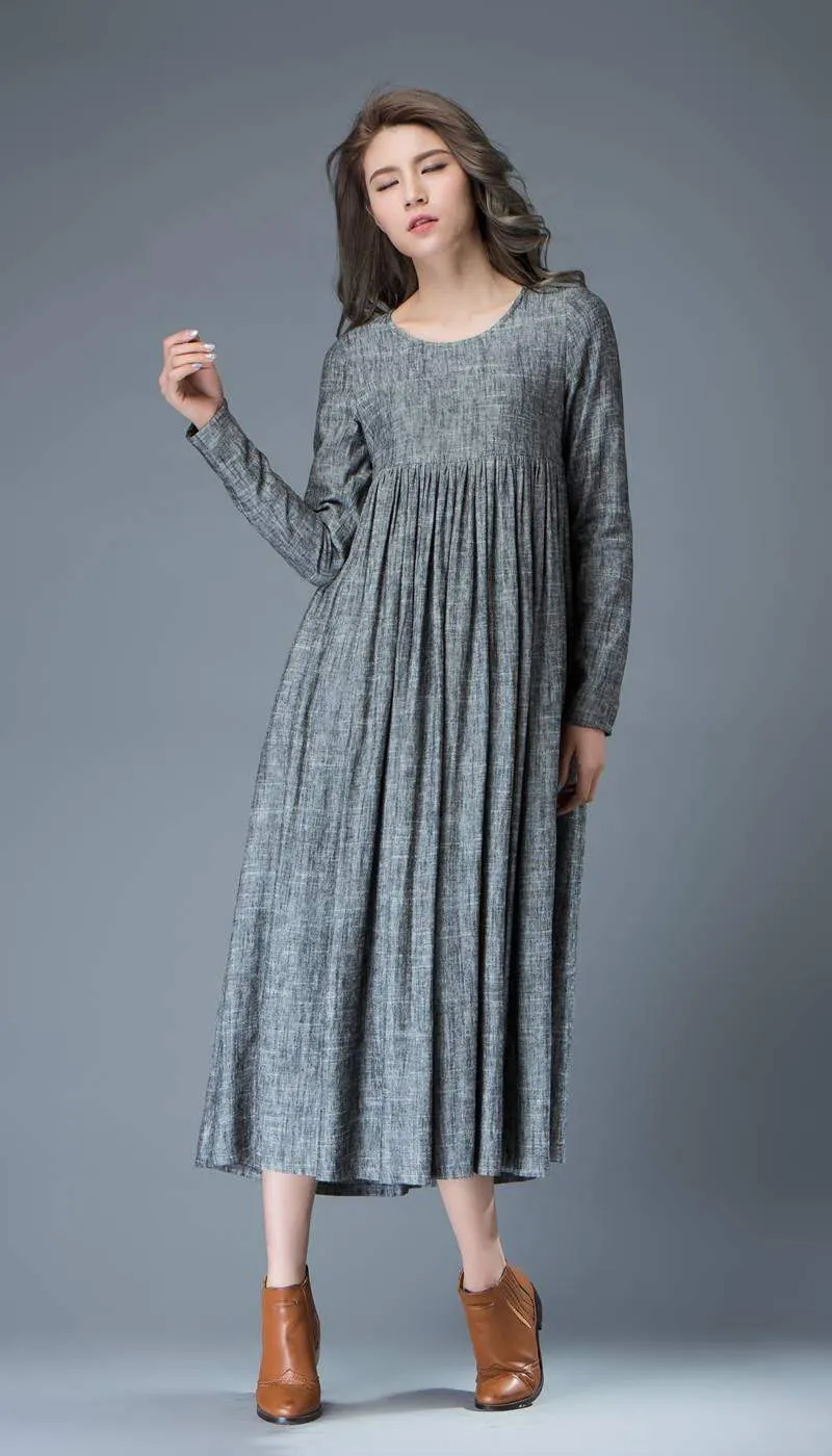 Casual Gray Dress - Comfortable Linen Loose-Fitting Long Sleeved Everday Marl Grey Midi-Length Woman's Dress C808