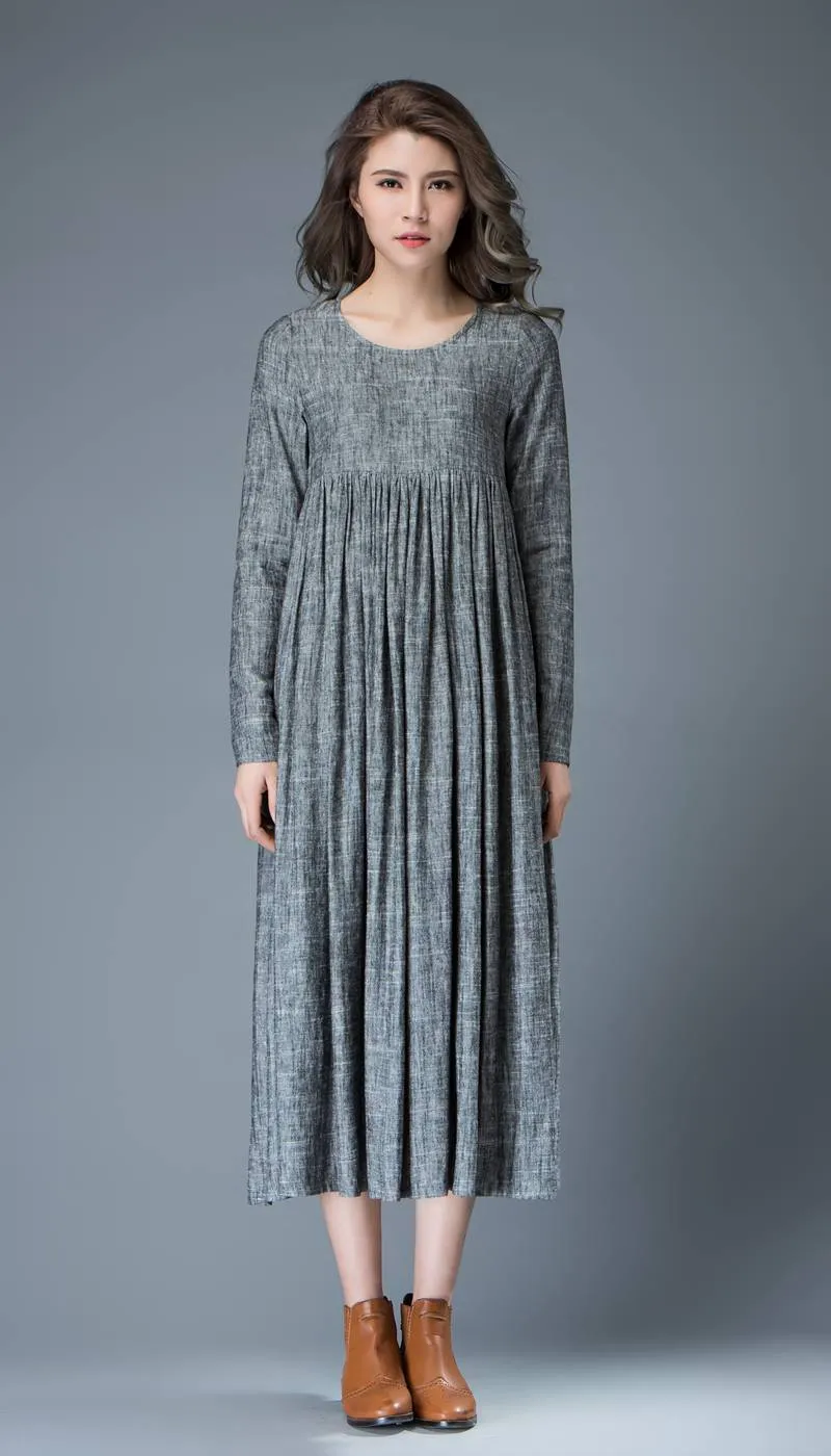 Casual Gray Dress - Comfortable Linen Loose-Fitting Long Sleeved Everday Marl Grey Midi-Length Woman's Dress C808